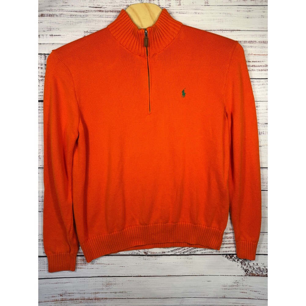 Polo Ralph Lauren Mens XXL Orange 1/4 Zip Cotton Sweater Green Pony Preppy